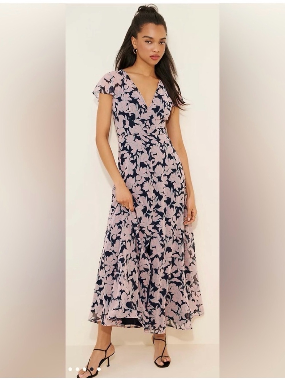HUTCH DRESS SZ 8 FEMININE DUSTY PINK NAVY RUFFLE SLEEVE BUTTON FRONT ⭐️LIKE NEW!